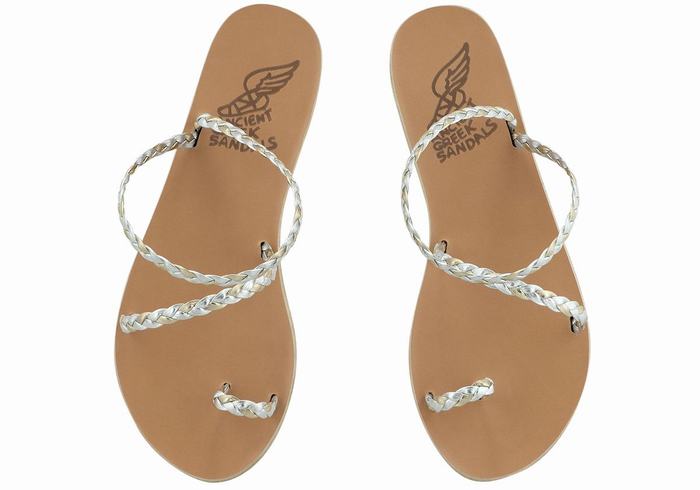 Plecione Sandały Damskie Ancient Greek Sandals Eleftheria Leather Srebrne Złote Białe | RDV8873WZ