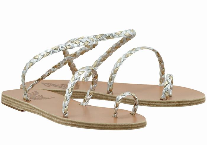 Plecione Sandały Damskie Ancient Greek Sandals Eleftheria Leather Srebrne Złote Białe | RDV8873WZ