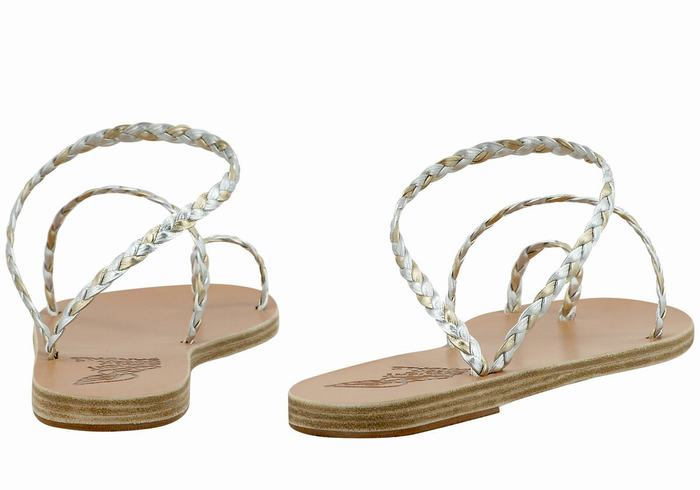 Plecione Sandały Damskie Ancient Greek Sandals Eleftheria Leather Srebrne Złote Białe | RDV8873WZ