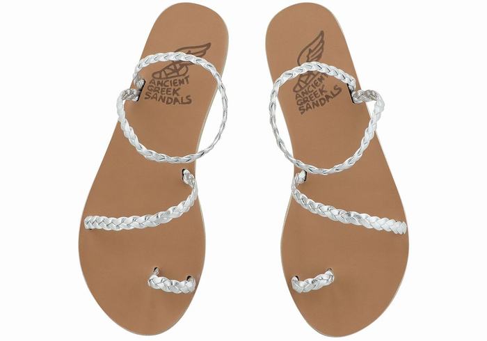 Plecione Sandały Damskie Ancient Greek Sandals Eleftheria Leather Srebrne | DUB8666OL