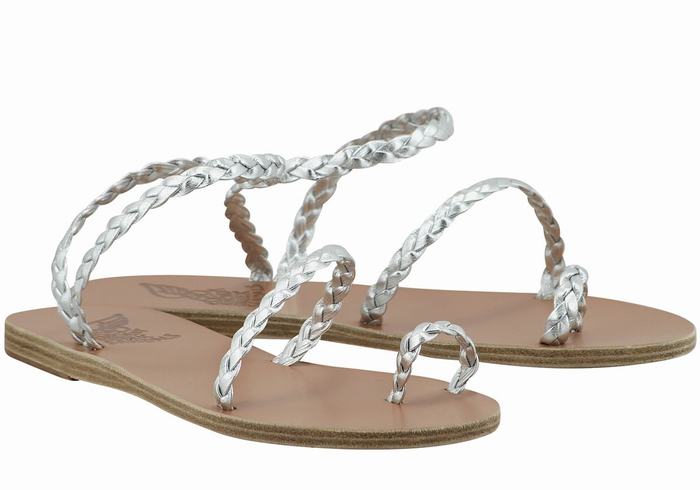 Plecione Sandały Damskie Ancient Greek Sandals Eleftheria Leather Srebrne | DUB8666OL