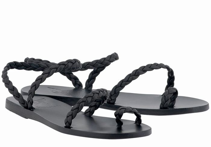 Plecione Sandały Damskie Ancient Greek Sandals Eleftheria Leather Czarne | HNL3933LG