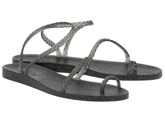 Plecione Sandały Damskie Ancient Greek Sandals Eleftheria Czarne Złote | UOO131AE