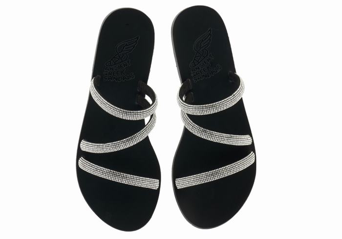 Sandały Do Wsuwania Damskie Ancient Greek Sandals Polytimi Diamante Srebrne Czarne | FCT4373SV