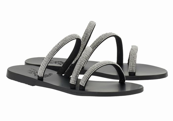 Sandały Do Wsuwania Damskie Ancient Greek Sandals Polytimi Diamante Srebrne Czarne | FCT4373SV