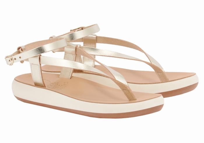 Sandały Z Paskami Damskie Ancient Greek Sandals Salomi Comfort Złote Białe | QNB8496NS