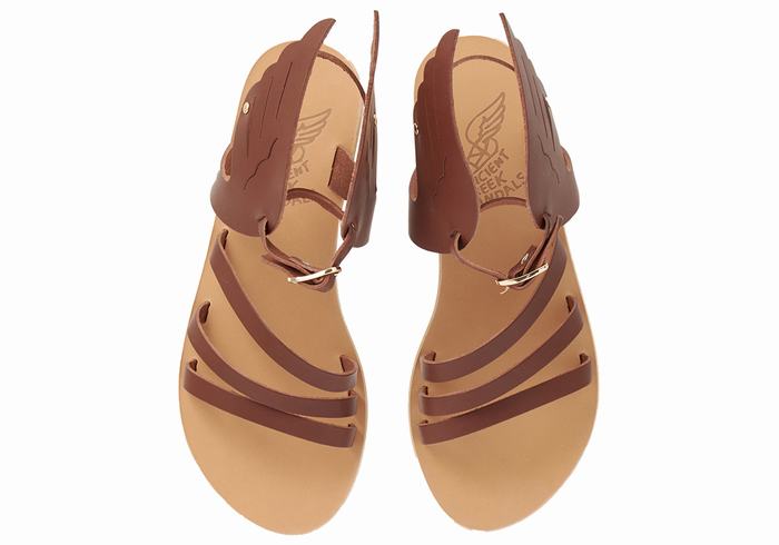 Sandały Z Paskami Damskie Ancient Greek Sandals Ikaria Leather Kawa | ETI7095WZ