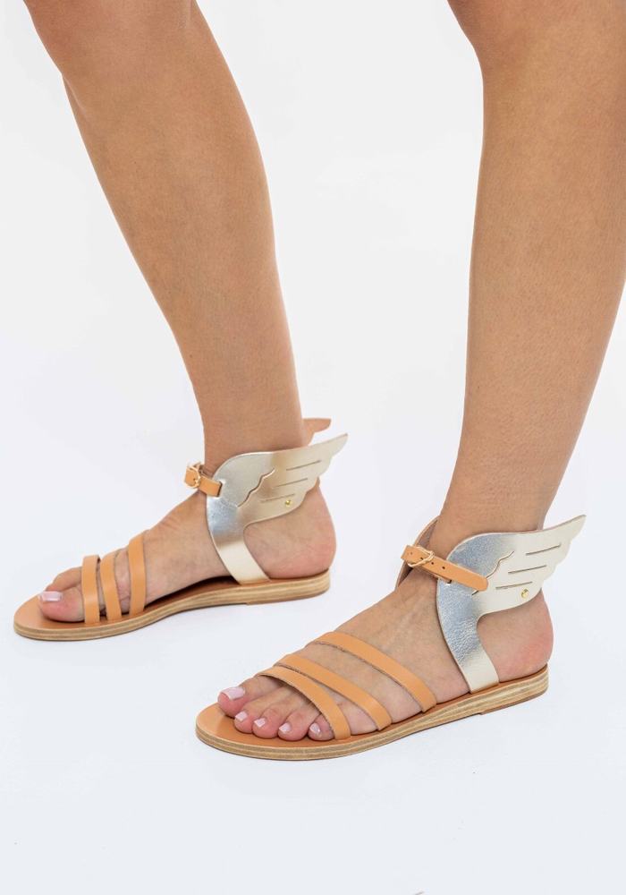 Sandały Z Paskami Damskie Ancient Greek Sandals Ikaria Leather Beżowe Złote Białe | DZY7362ES