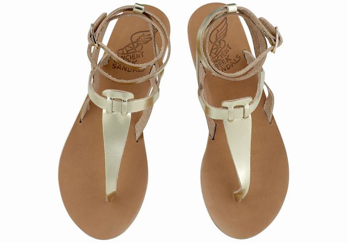 Sandały Z Paskami Damskie Ancient Greek Sandals Estia Leather Złote Białe | XDW4714DA