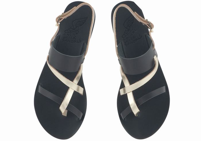 Sandały Z Paskiem Na Plecy Damskie Ancient Greek Sandals Alethea Leather Czarne Złote Białe | BLA7471NU