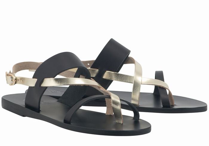 Sandały Z Paskiem Na Plecy Damskie Ancient Greek Sandals Alethea Leather Czarne Złote Białe | BLA7471NU